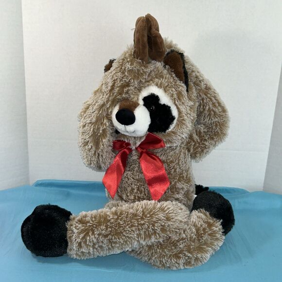 Walmart Lge Racoon Plush Hanging Stuffed Animal Brown Flexible Hugging RedRibbon - Picture 6 of 12